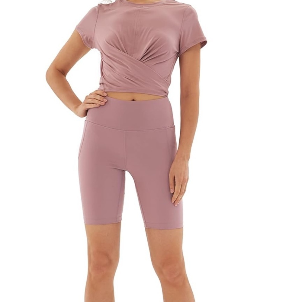 Lulucheri Biker Shorts Pockets High Waisted Yoga Pants 8" Lotus Pink size Small